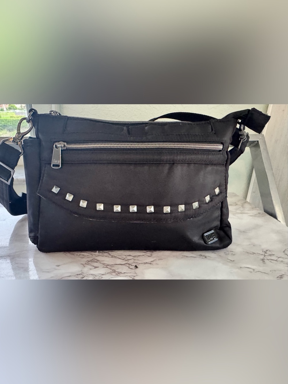Lug Pacer RFID Crossbody Travel Organizer Bag Black Studded Nylon EUC